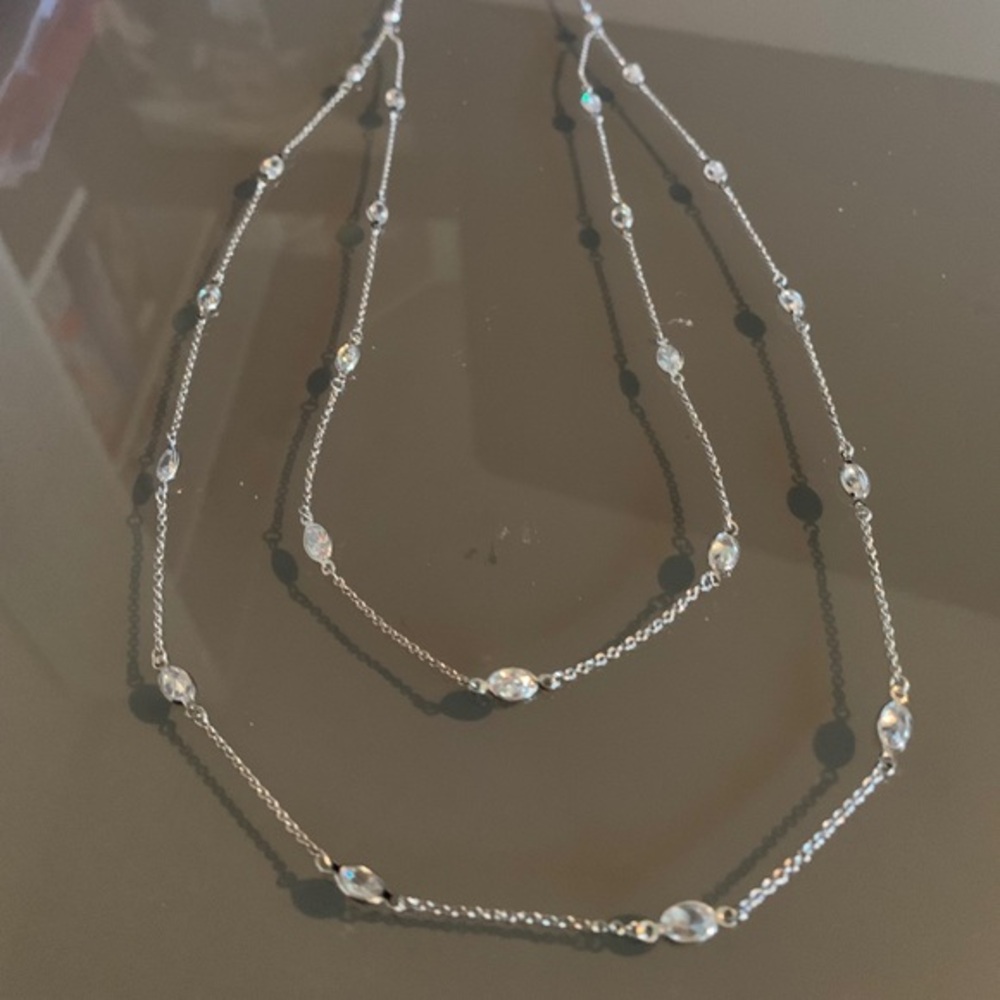 Long Sterling Silver Crystal Station Necklace